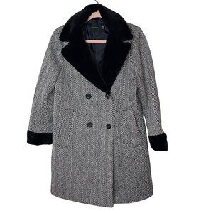 Tahari Womens Coat Size Medium Black Leila Faux Fur Trim Herringbone New